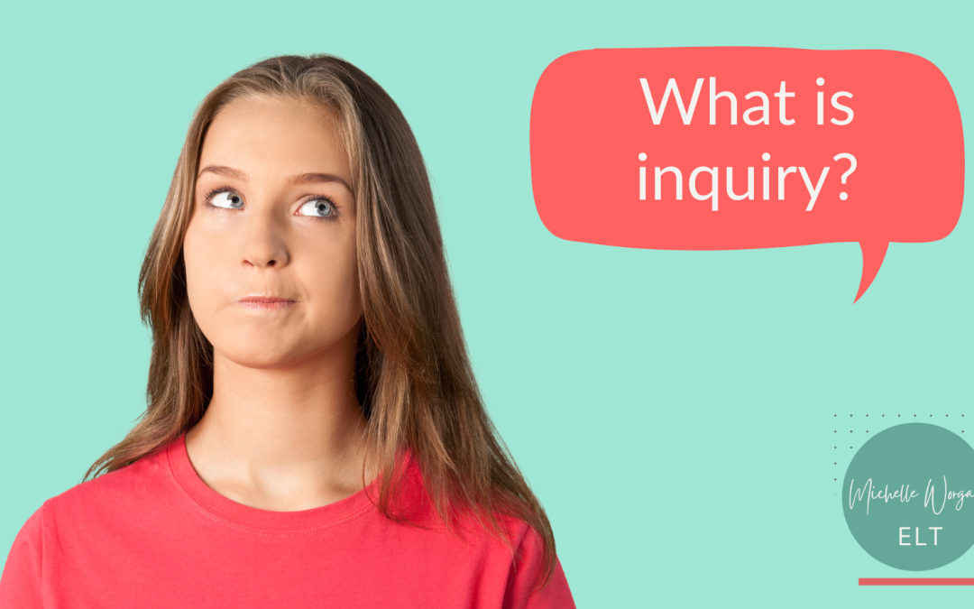 A young woman with a speech bubble "What is inquiry?"