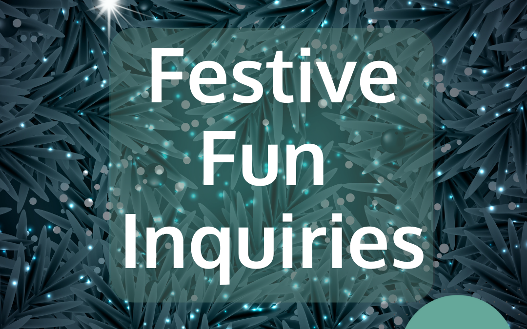Inquiry-based learning: The words "festive fun inquiries" on a close up image of a tree with lights