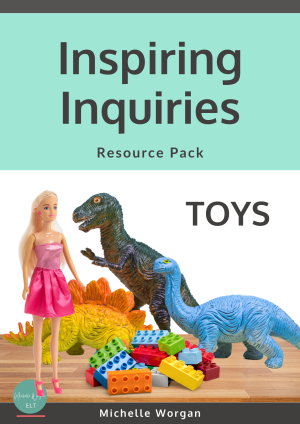 Cover of Inspiring Inquiries Resource Pack 7: Toys. With mages of toy dinosaurs, a barbie doll and lego bricks.